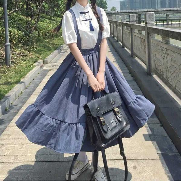 Preppy Style Dress Suits Summer Retro Sweet Strap + All-match Thin Shirt Single Piece / Set Trend Kawaii Cool Girl 210526