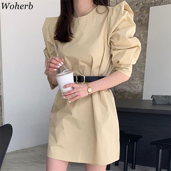 Preppy Style filles Chic manches bouffantes robe avec ceinture été doux Sexy tout Match lâche a-ligne Mini robes Vestidos 210519