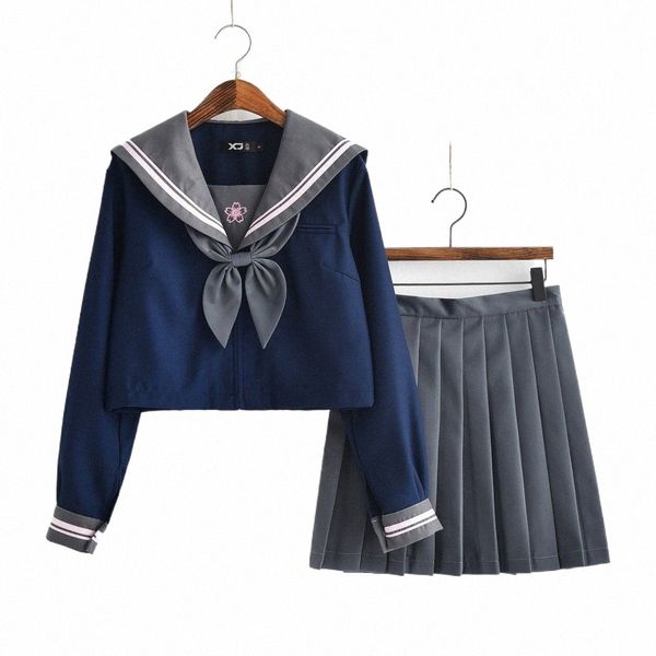 Style Preppy JK Uniforme Set Top bleu marine avec motif brodé Sakura Jupe plissée grise Filles Costumes de marin Lg manches G6ef #