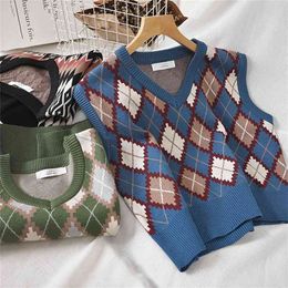 Preppy stijl gebreide vest vrouwen gebreide argyle trui vest mouwloze plaid vest herfst korte uitloper chalecos para mujer 210817