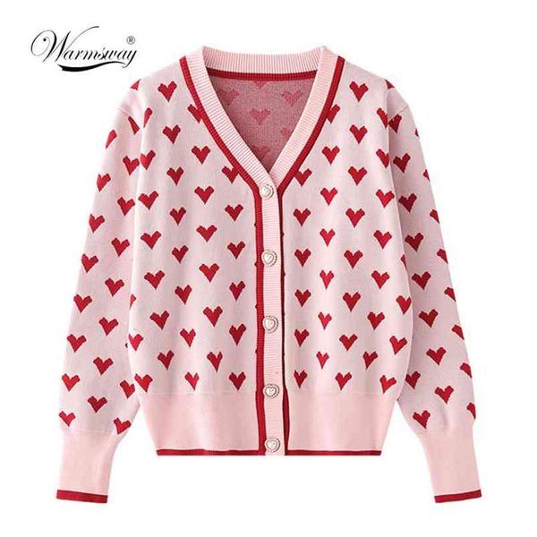 Cárdigans de punto de corazón rosa de estilo pijo, suéter de intarsia para mujer, cuello en V, suelto, elegante, grueso, abrigo informal para mujer, C-099 210812