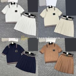 Falda plisada de estilo preppy para mujer, prendas de punto de manga corta con cuello de solapa, Top de punto, traje de fiesta de primavera y verano