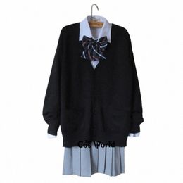 Preppy Style Student Class Japan JK High School Uniforme Winter Black V-Neck Cardigan Grey Pleed Jirt Shirt Cost T7VK #