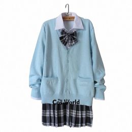 Preppy Style Student Class Japon JK High School Uniforme Hiver Bleu Col V Cardigan Noir Blanc Jupe Plissée Costumes f8XU #