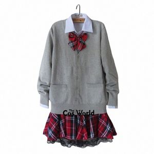 Preppy Style Student Class Japon JK High School Uniforme Hiver Gris Col V Cardigan Rouge Jupe À Carreaux Chemise Blanche Costumes c6FU #