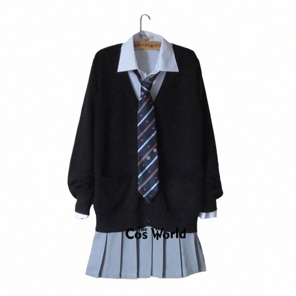 Estilo preppy Clase de estudiante Japón JK Uniforme de escuela secundaria Invierno Negro Con cuello en v Cardigan Gris Falda plisada Camisa Trajes k0W5 #