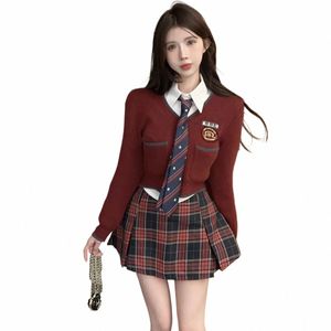 Traje de estilo preppy Otoño e invierno para mujer Uniforme Jk Uniforme escolar coreano Suéter de punto rojo Falda de tartán z8YS #