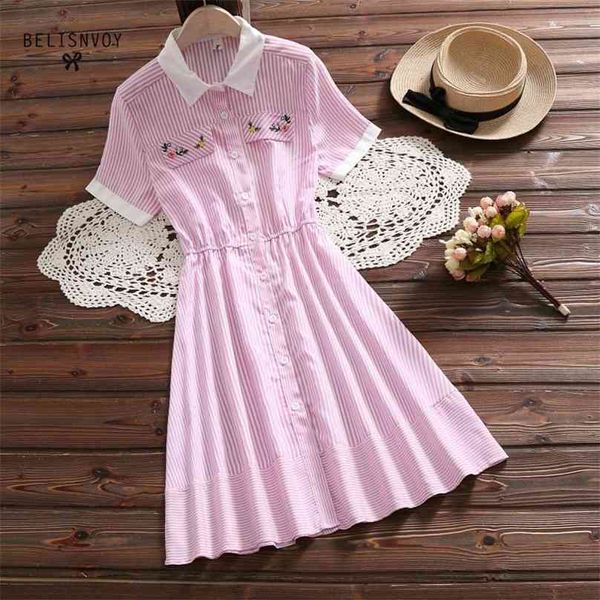 Preppy Style Summer Femmes Mignon Chemise Robe Rose Bleu Rayé Femme Robes Robe Volants Manches Mori Fille Robes De Broderie 210520