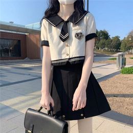 Estilo preppy Sweet JK Suits Sets Femenino de dos piezas de estilo japonés Sailor Sailor Single Breaded + High Wist Solid Color Skirt Traje de verano Mujeres de verano