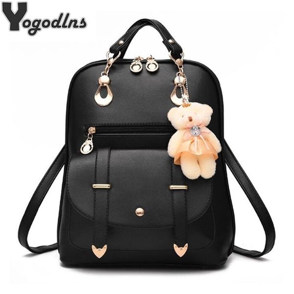 Mochila de estilo preppy para mujer, juguetes de oso, mochilas escolares de cuero PU para adolescentes, mochila femenina, bolso de hombro, mochila de viaje Y201224