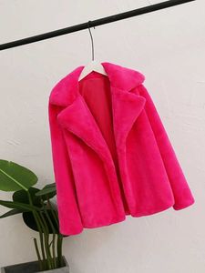 Preppy stijl dames winter warme harige losse roze nepbontjas effen revers nep jas vrouwelijke bovenkleding