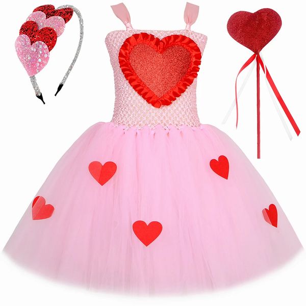 Preschool Baby Girl Valentin Day Tutu Robe rose Love Amour en forme de coeur Tulle princesse robe Ball Robe Childrens Mariage d'anniversaire Robe 240514