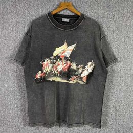 Presenteer Xiaozhongchao Brand Oil Painting Pattern Printing gewassen en gebruikte heren met korte mouwen losse halve t-shirt paar