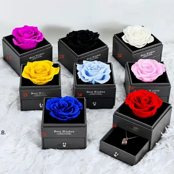 Boîte d'emballage cadeau de fleur de rose préservée avec des colliers d'ailes d'ange pour les femmes maman sa petite amie cadeaux femme pour anniversaire Noël WHT0228