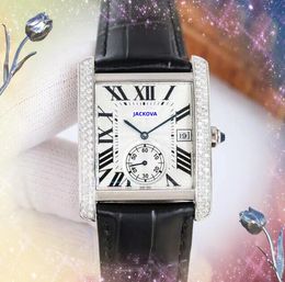 Presidente Cool Mens Square Roman Tank Dial Watches Date Day Hora de la fecha brillante Reloj Shiny Japan Quartz Movimiento Dos líneas Diamantes Ring Pulsera Regalos