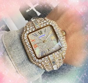 President cool heren vierkant Romeinse tank wijzerplaat horloges Auto Day Date Time Shiny Starry Clock Quartz Batterij Kern Diamanten Ring Bracelet Watch Montre de Luxe Gifts