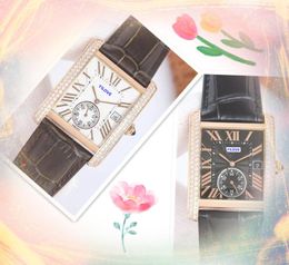 Presidente Diseñador Hot Men's Reloj Movimiento de cuarzo de lujo Diamantes de lujo Diamantes Square Tank Roman Dial Dial de cuero de vaca Relojes de correa de cuero Orologio di Lusso