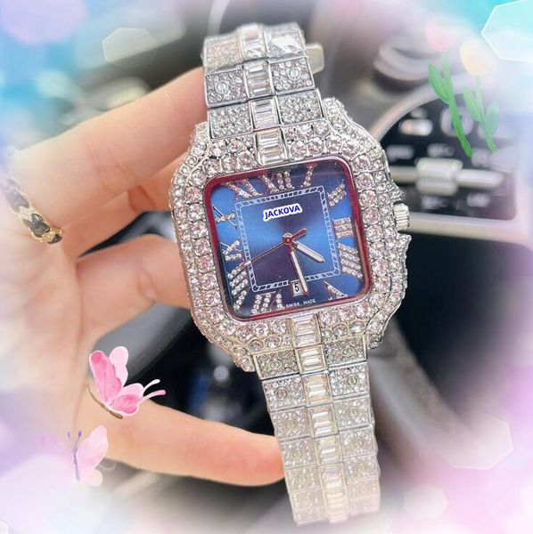 Président Mentes militaires Femmes Regarde brillant Starry Full Diamonds Anneau en acier inoxydable Clock Quartz Beau Time Time Time Square Face Chain Bracelet Watch Cadeaux