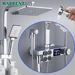 Prensa Manija Sistema de ducha termostático Conjunto Pulido Cromo LED Baño Mezclador Faucets Smart Chrome Baño DIGITAL Ducha Juego