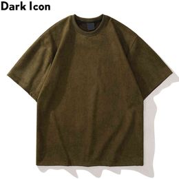 Persbrieven Simple Style Suede T-shirt Korte Mouw Straat Mode Heren T-shirts Zwart Groen 210603