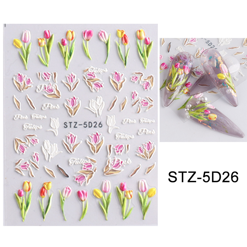 Druk op nagelsticker nep nagels nieuwe nagelverbeteringstickers hot items camellia tulip reliëf driedimensionaal