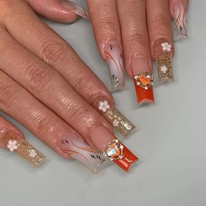 Prensa en las uñas Puntas de ataúd francés Desmontable Acabado Uñas postizas Arte con diamantes de imitación Diseños de brillo Uñas largas