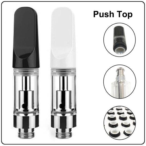 Atomizador presionado Push Top TH205 Cartuchos de vape de vidrio cerámico 1,0 ml Blanco Negro Boquilla a presión a prueba de niños 510 Hilo Carros vacíos