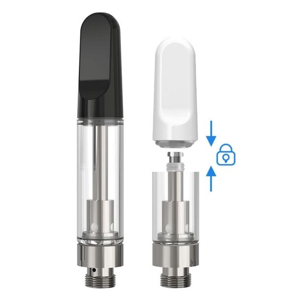 Cartuchos de vapeo TH205 prensados Empuje la tapa a prueba de niños Broche en la parte superior Vidrio cerámico negro blanco TH2-SE 0,5 ml 0,8 ml 1,0 ml 510 Hilo Carros vacíos