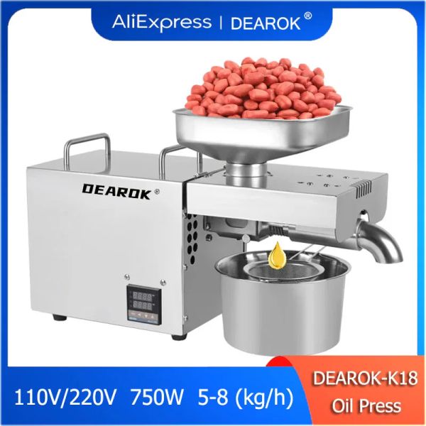 Prensadores DEAROKK18 Prensa de aceite de acero inoxidable 110 V/220 V Máquina automática de prensa de aceite de maní para el hogar/comercial 750 W