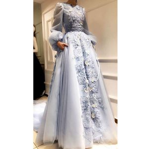 Jolie fleur 3D bleu ciel a-ligne robes de soirée 2020 bouffantes manches longues appliques musulmanes robes de bal avec poches