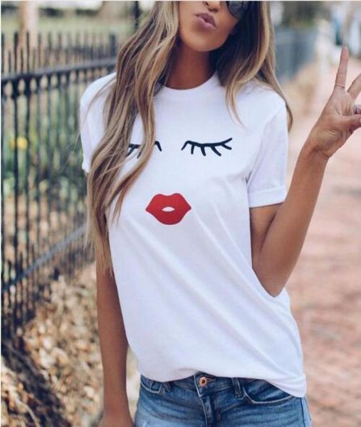 Jolis et mignons cils pour les lèvres rouges imprimées femmes t-shirt d'été à manches courtes décontractées o cou tshirt dames tshirt blanc tops6913426