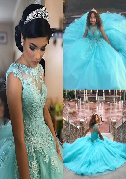 Jolies robes de quinceanera bleu aqua robe de bal col transparent appliques robe de bal perlée dos ouvert tulle doux 16 robes vestido5417517