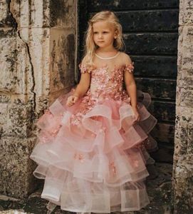 Joli Bébé Rose Fleur Filles Robes Floral Dentelle Appliques Ruffles Tiered Organza Robes De Fête De Mariage Enfant Enfants Manches Courtes Brithday Party Dress Ras Du Cou