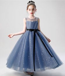 Joli bleu Tulle bijou volants perles robes de fille de fleur robes de concours de fille filles anniversaire/fête jupe fille robe de tous les jours personnalisé SZ 2-12 D321070