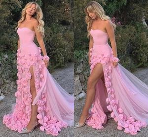 Mooie blush d roze bloemen avondjurken voor vrouwen strapless sexy high split Vestidos tweede receptie feestjurken zeemeermin tule rok formele prom jurk