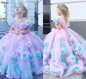 Vestidos de niña de flores bastante coloridos Fuera del hombro Flores hinchadas en 3D Vestidos de fiesta de princesa Vestido de novia de cumpleaños formal para niña Vestidos de primera comunión Todder