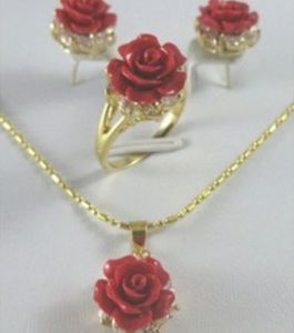 Mooi Crystal Red Coral Rose Flower Hanger Earring Ring Lady's Set