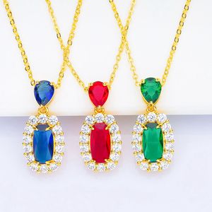 Joli cubique Zircon pendentif à breloque chaîne collier 18K or jaune rempli femmes mode bijoux vert/rouge/bleu pierre