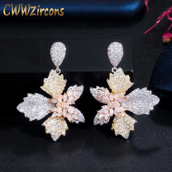 Jolie Dangle Drop Papillon Fleur 3 Tons Rose Or Cubique Zircone Femmes Boucles D'oreilles Élégant Costume Bijoux CZ716 210714