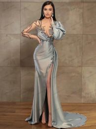 Jolie robe De soirée col en V, robes De bal en Satin, avec des Appliques en dentelle, Sexy, fente haute, pour fête, 2024, 240401