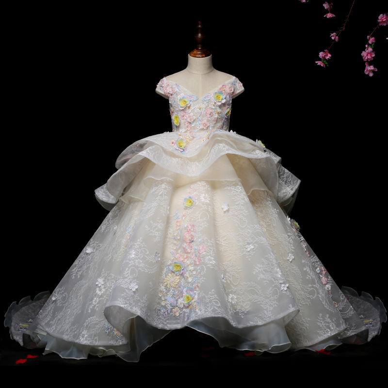 Mooie bloemenbal jurk bloemenmeisje jurken kralen v nek backless peuter optochtjurken tule sweep trein kinderen prom jurkjavaScript: 403