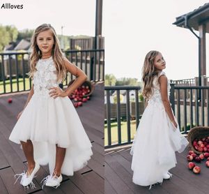 Jolies robes de fille de fleur en dentelle florale pour la fête de mariage haut bas tulle une ligne courte robes d'anniversaire formelles pour les petites filles enfants robe de première communion CL2112