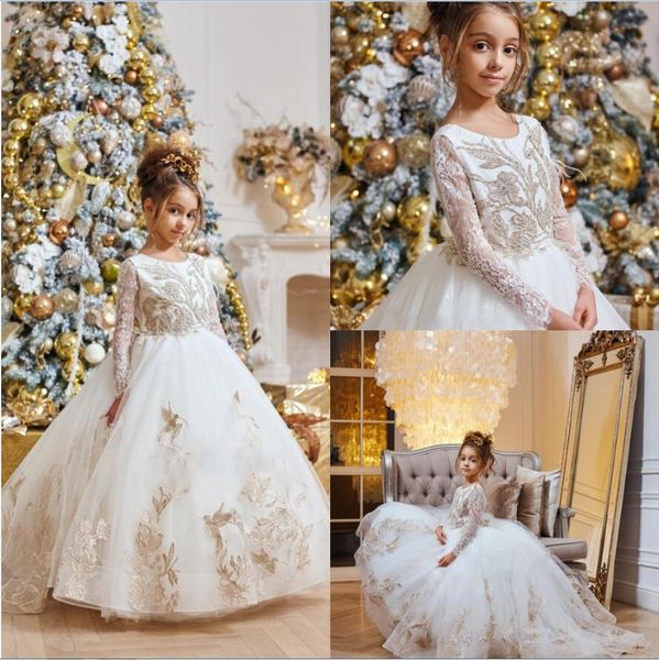 Bonitos vestidos de flores para niñas, apliques con volantes, vestido de baile de tul hasta el suelo, vestido de desfile de niña pequeña para boda con fajas de lazo