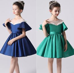 Jolies perles de bijou en satin bleu vert robes de fille de fleur courtes robes de concours de fille jupe d'anniversaire/fête fille robe de tous les jours personnalisé SZ 2-12 D321079