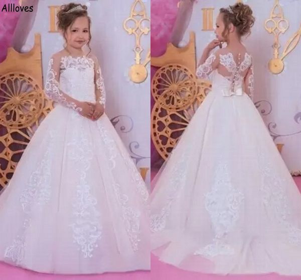 Jolies robes de fille de fleur appliquées en dentelle avec manches longues col transparent princesse robe de bal en tulle robe de soirée pour enfants petites filles robe de première communion de mariage CL2055