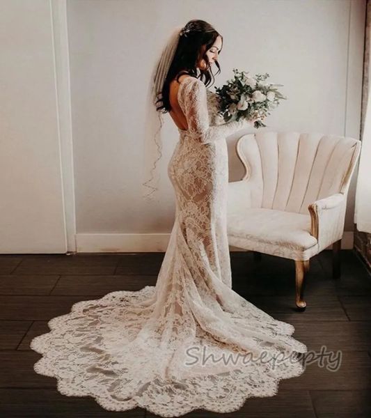 Vestido de novia de sirena de manga larga de encaje bonito para novia con cuello en V sin espalda vestidos de novia de playa sexy vestidos formales de novia elegantes bohemios 2024 bata de novia de primavera