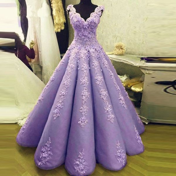 Jolies robes de soirée formelles violet clair Une ligne Appliques dentelle fleurs col en V sur l'épaule robe de soirée de bal robes d'occasion spéciale