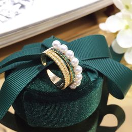 Mooie mutli laag parel ringen mode mousserende luxe designer diamant zirconia koperen band ringen voor vrouwen meisjes open formaat verstelbaar