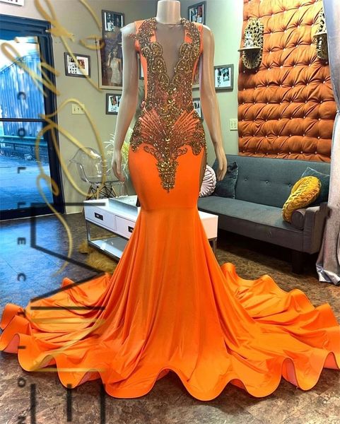 Jolie sirène orange en or perles de cristal en robes de bal transparentes plus de taille de fête d'anniversaire formelle pour les filles noires