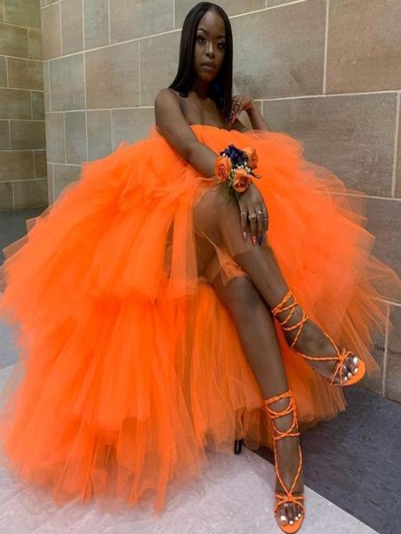 Jolie robes de bal orange tulle roux sans bretelles salut les robes de soirée sexy fabriquées personnalisées